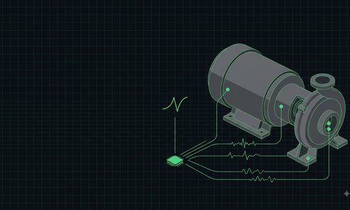 An industrial pump with sensor taps wired to a small chip that emits one clean waveform