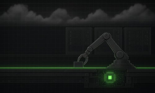 A robotic arm working on a line with a glowing chip embedded at the machine and clouds far above