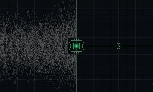 Dense tangled gray waveforms on the left pass through a chip and exit as a single calm green line