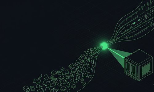 A stream of documents converging into a glowing core that serves a small on-premise server box